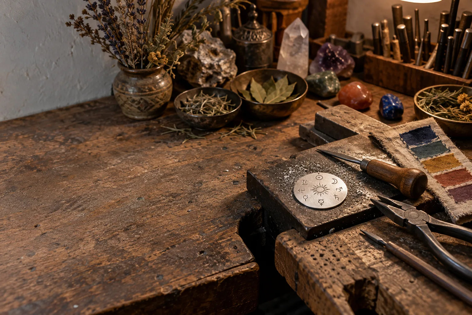 Hand engraving tools beside a silver planetary talisman in a workshop