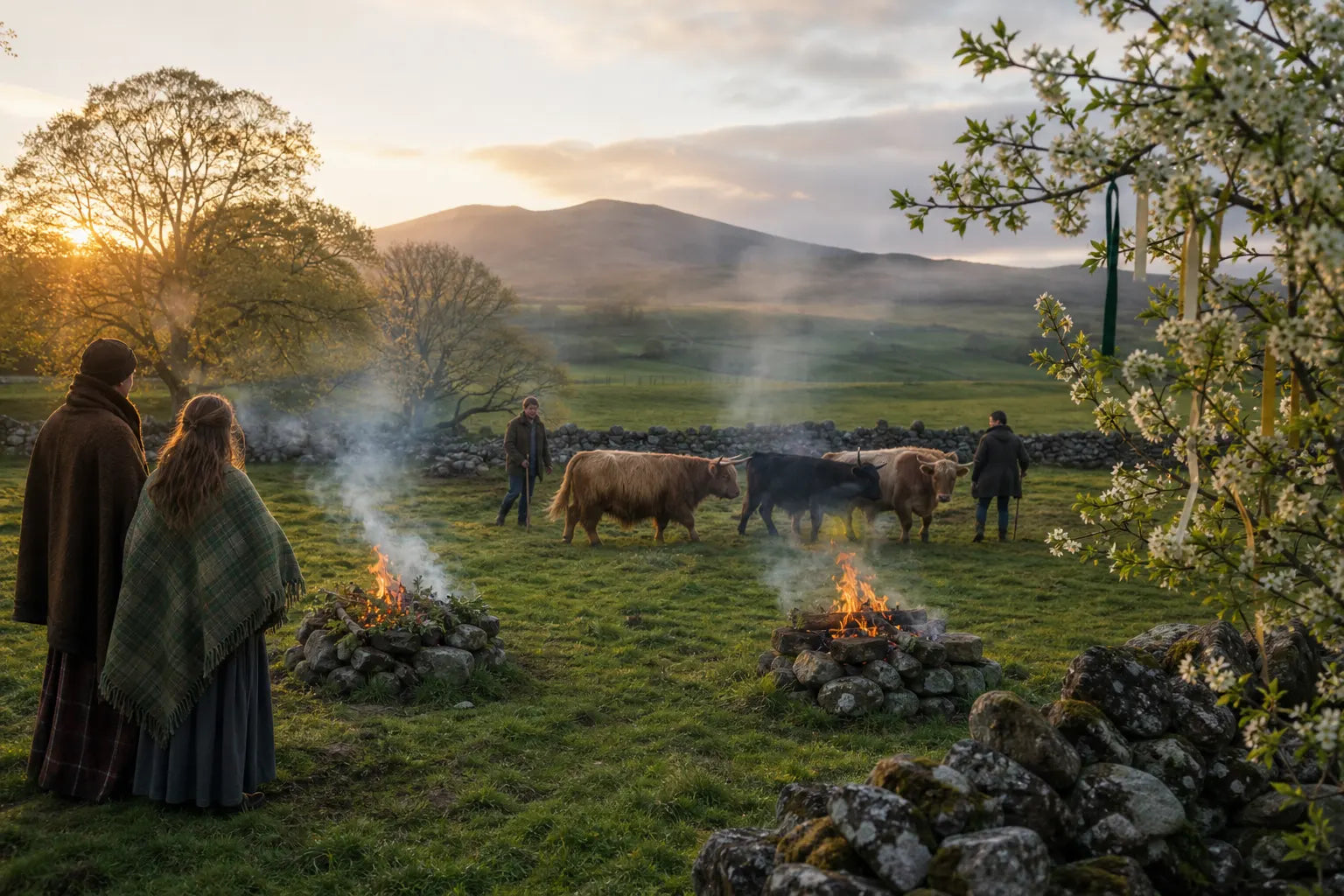 Controlled Beltane fires, cattle and flowering May branches in a Highland meadow at dawn