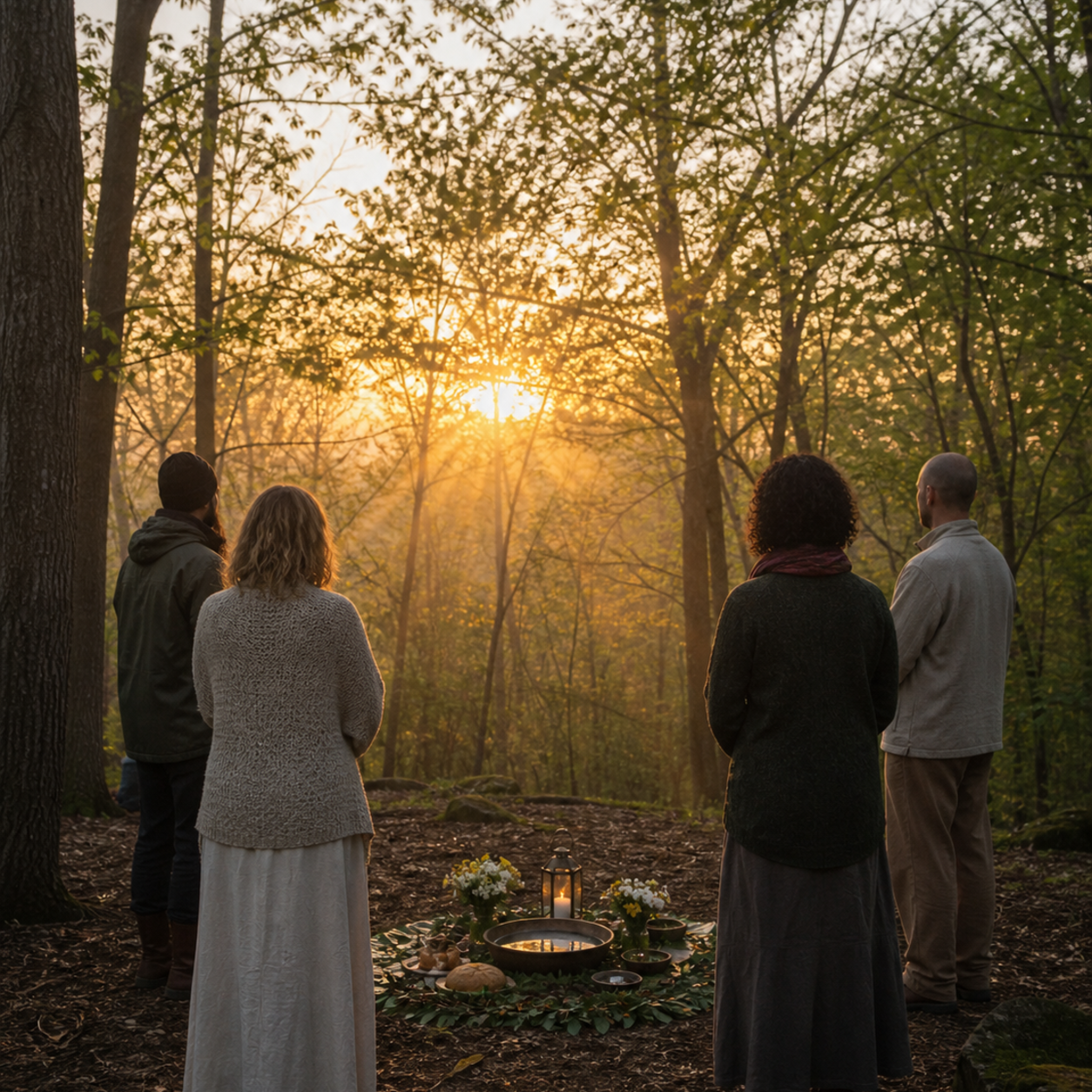 Contemporary Pagan gathering in a woodland clearing at sunrise