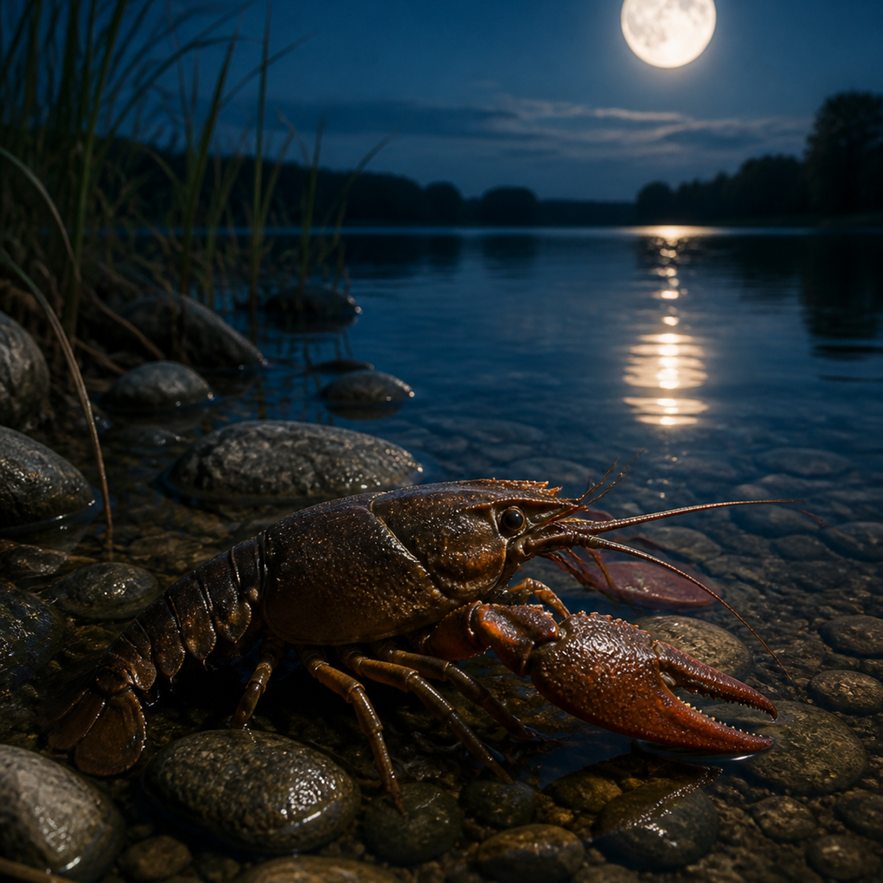 Freshwater crayfish beside a moonlit river for the Cancer zodiac sign