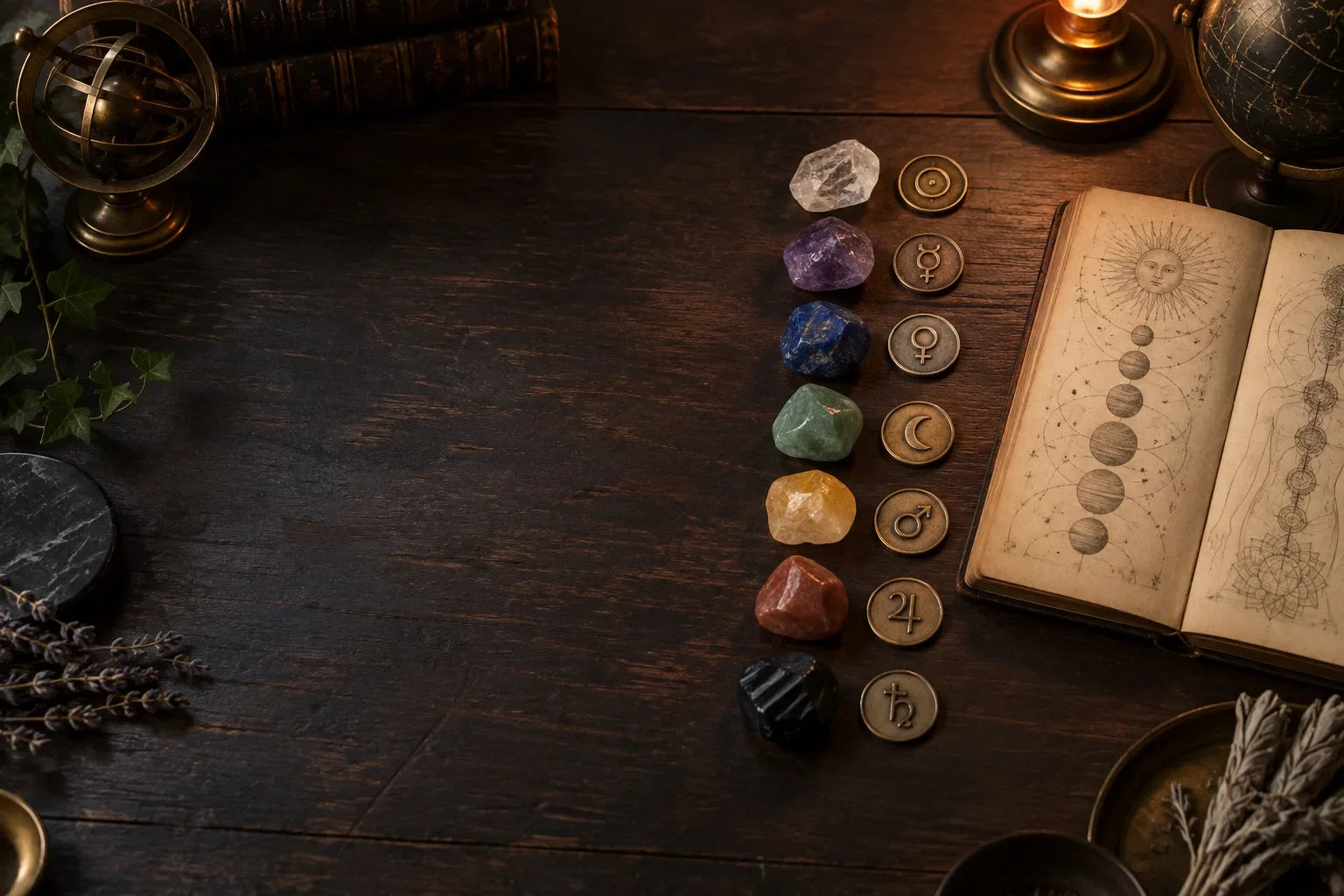 Seven natural stones beside antique planetary metal tokens