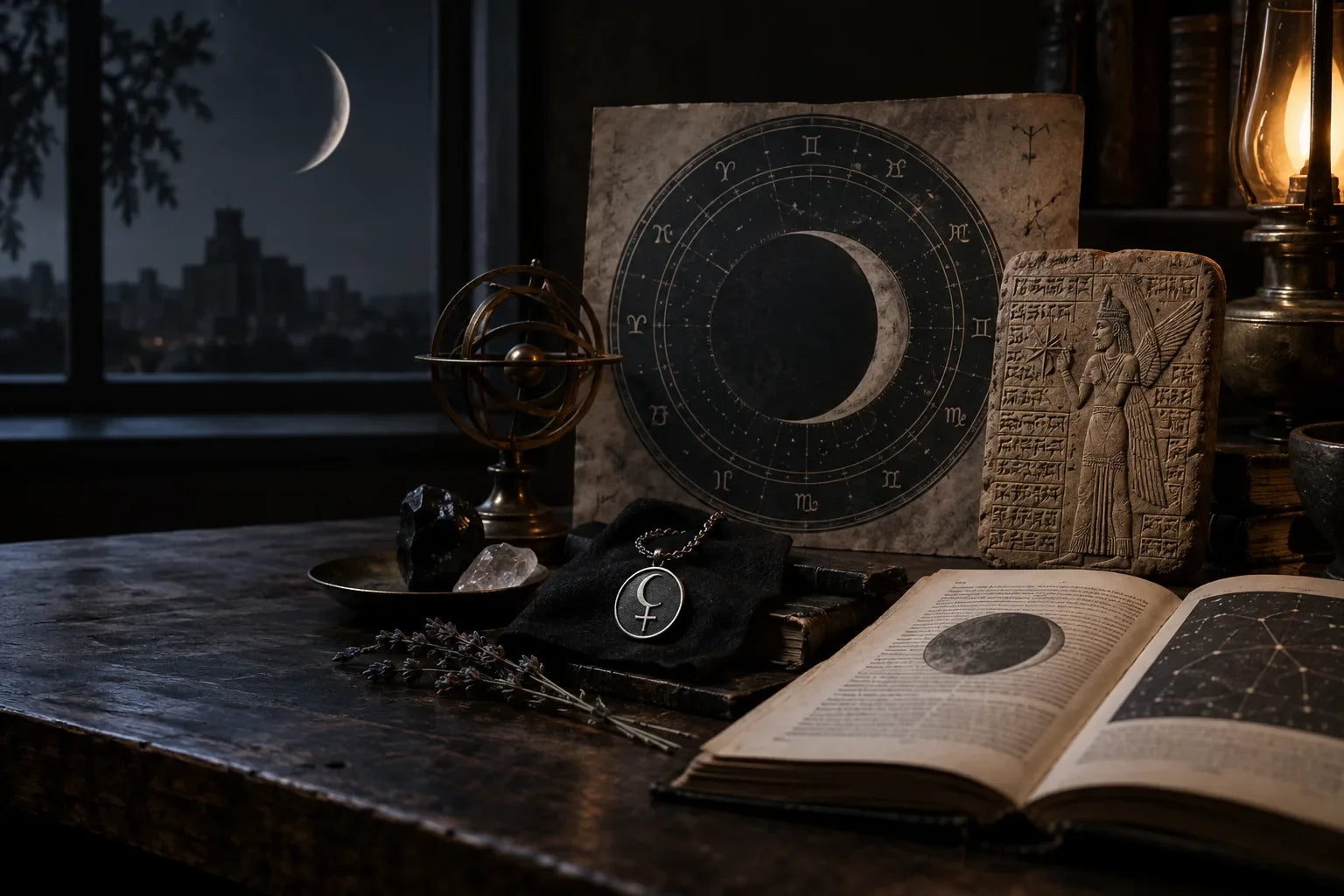 Black Moon diagram and silver Lilith sigil beside a clay tablet reproduction