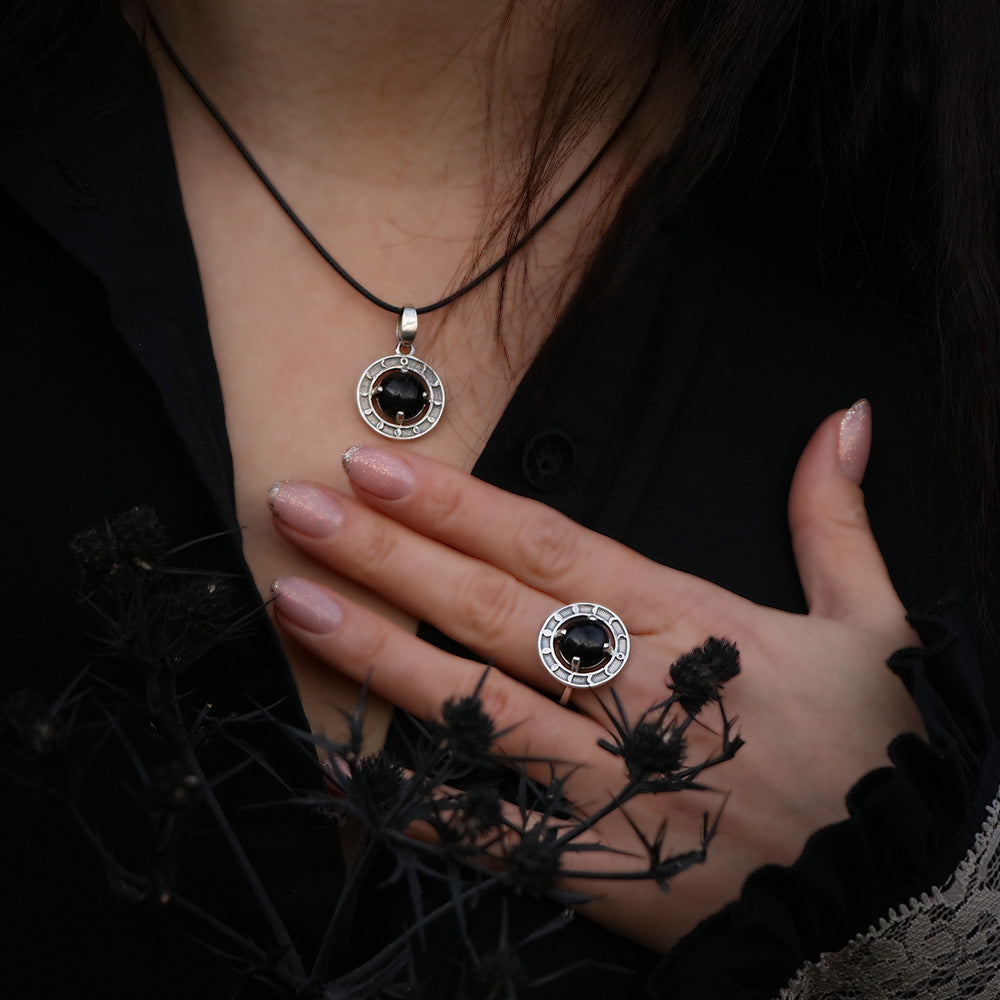 Black obsidian necklace and ring set in silver