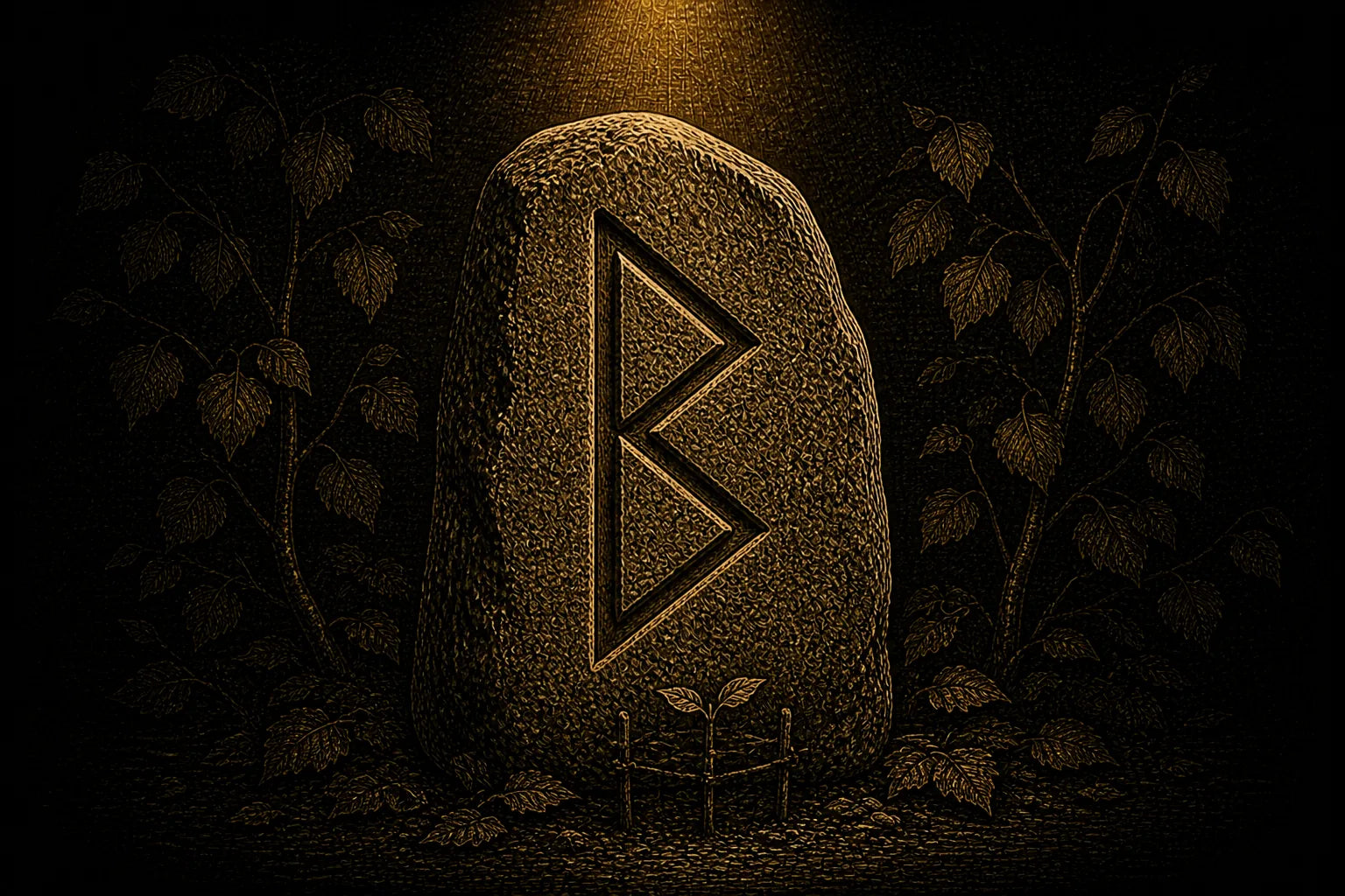 Berkano rune carved into a standing stone, symbolizing growth, care, and protected beginnings