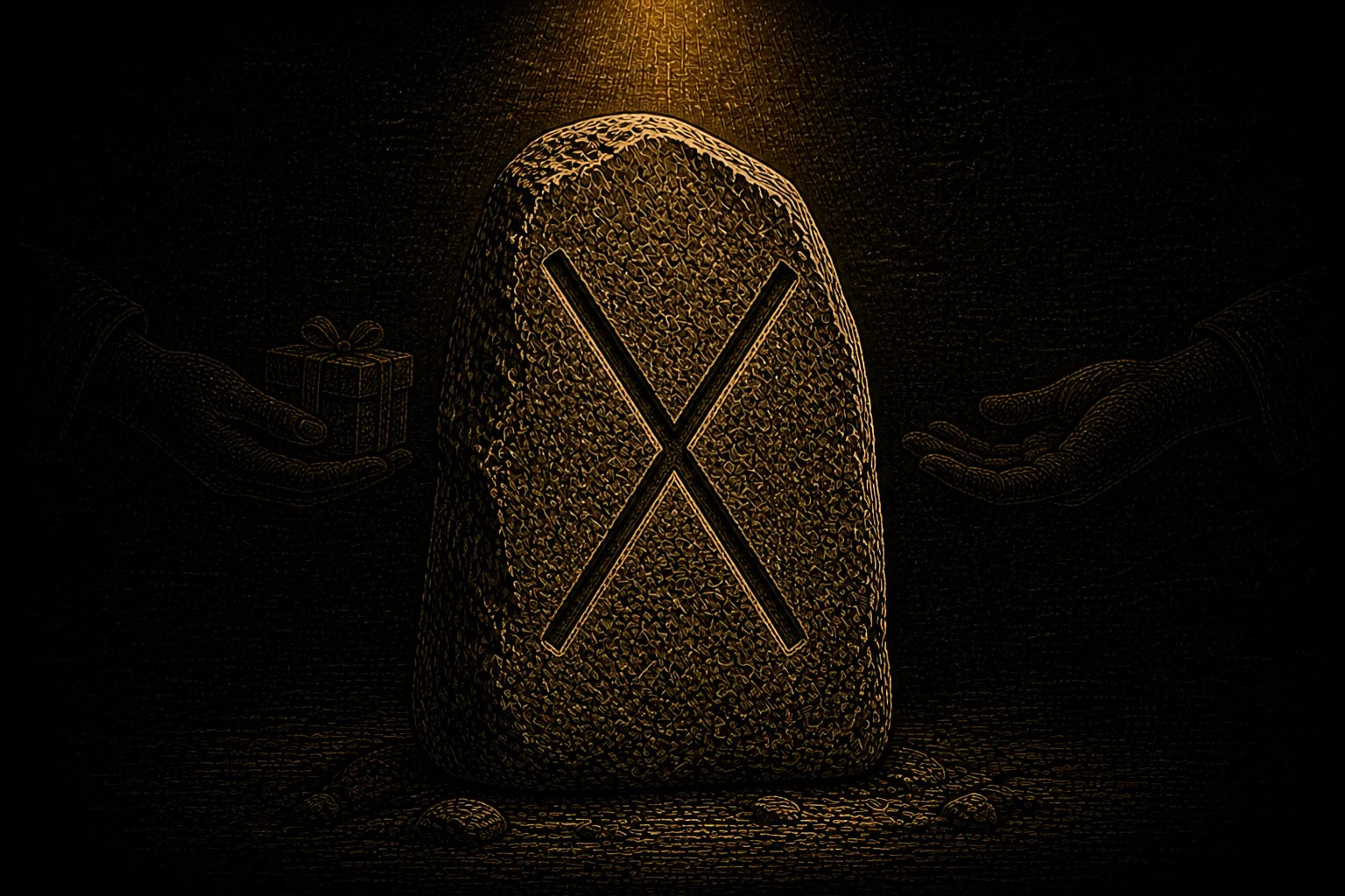 Gebo rune carved into a standing stone, symbolizing exchange, generosity, and reciprocal obligation