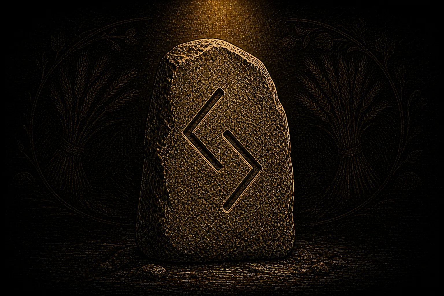 Jera rune carved into a standing stone, symbolizing cycles, timing, and cultivated results