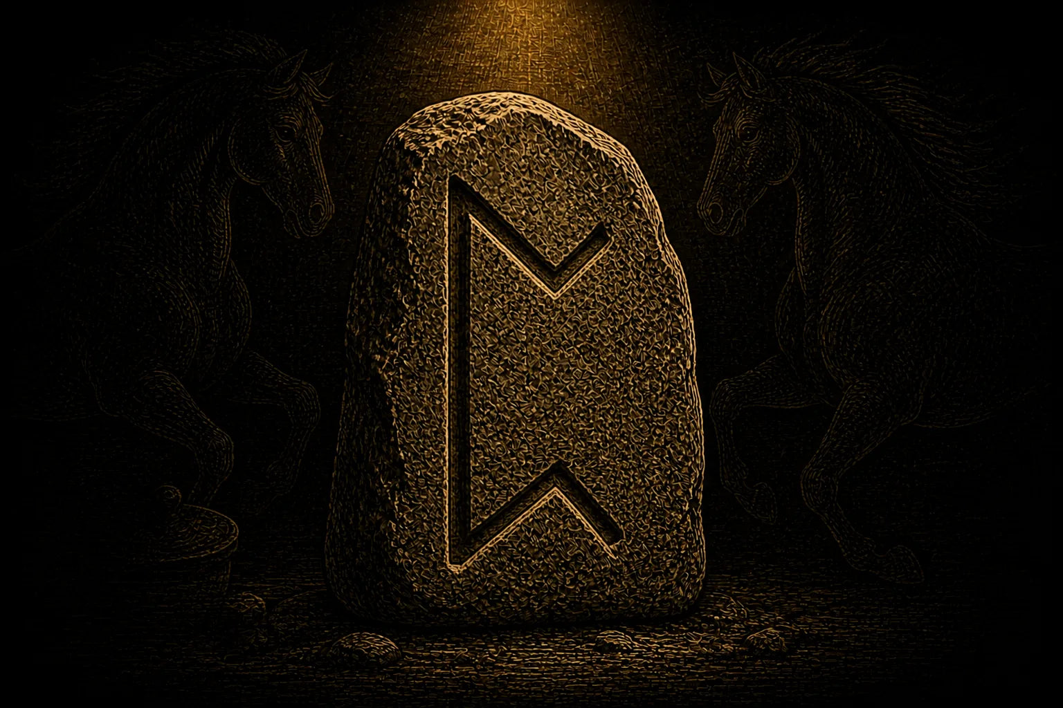 Perthro rune carved into a standing stone, symbolizing uncertainty, hidden information, and openness to chance