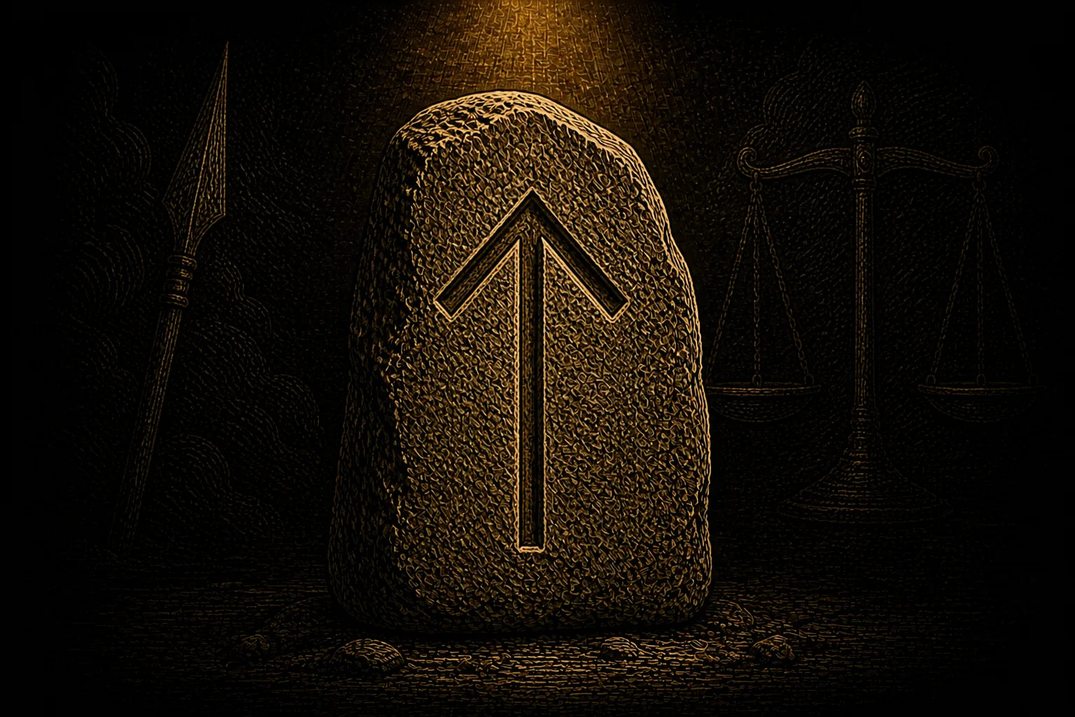 Tiwaz rune carved into a standing stone, symbolizing justice, duty, and costly commitment