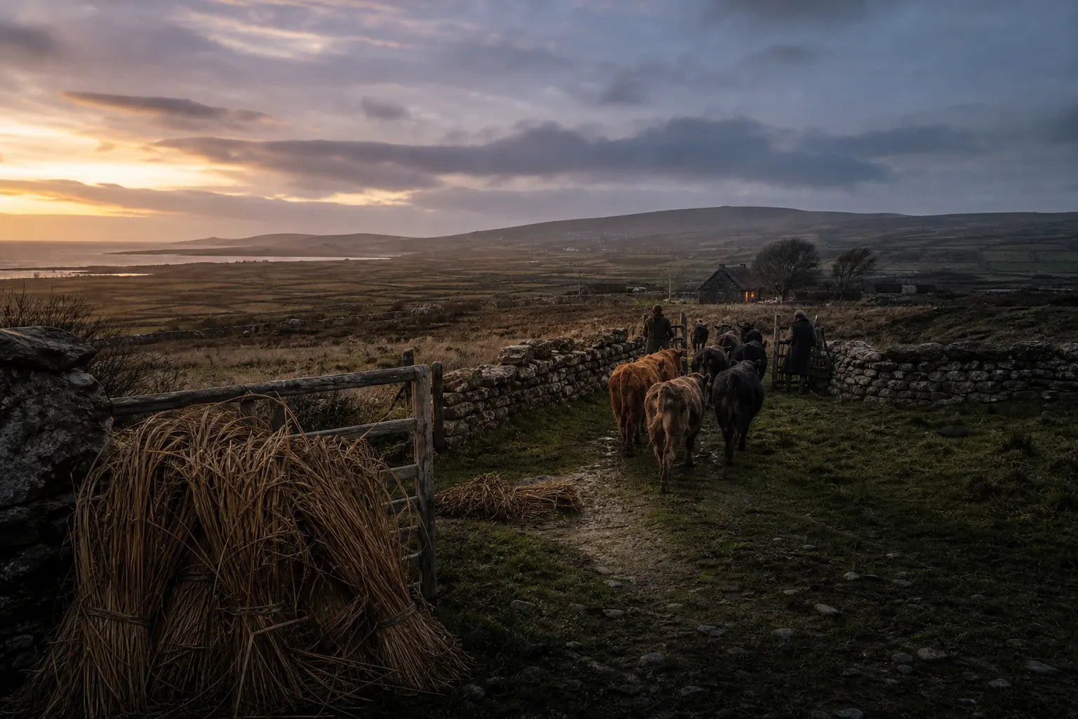Cattle returning toward shelter in a rural Irish landscape at the beginning of winter