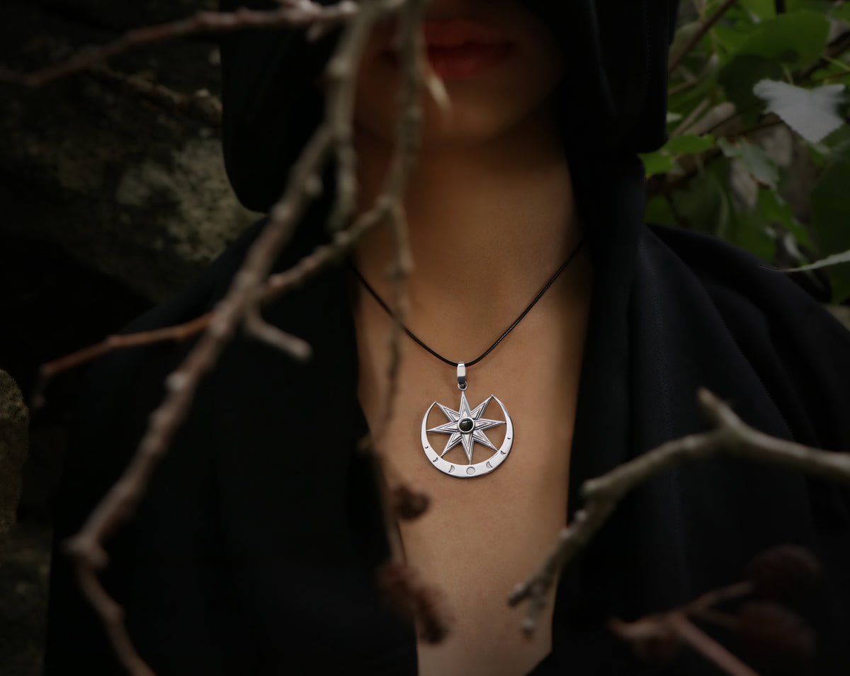 Star of Ishtar Necklace with natural Obsidian worn by model