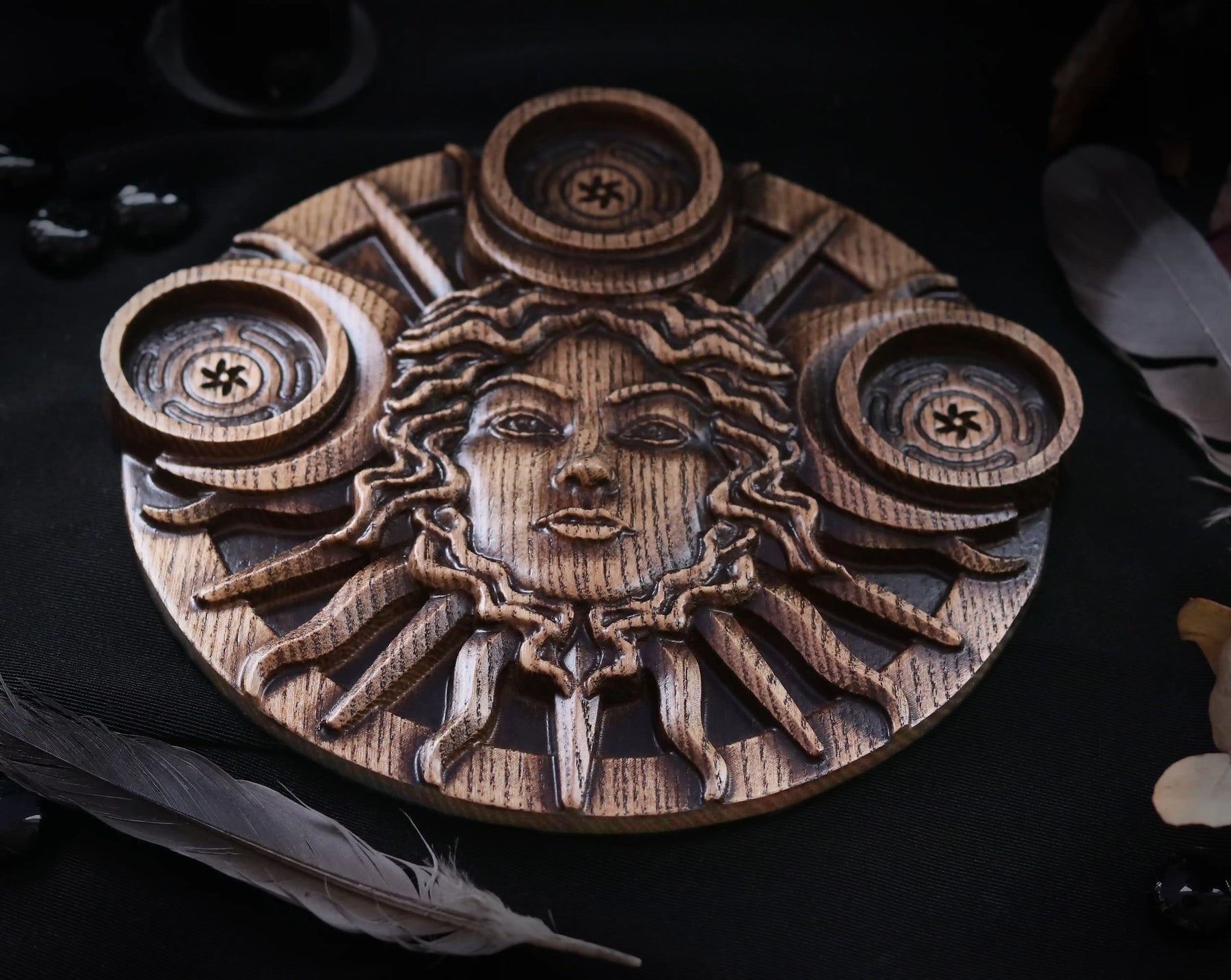 Wooden candle holder related to Hecate Goddess