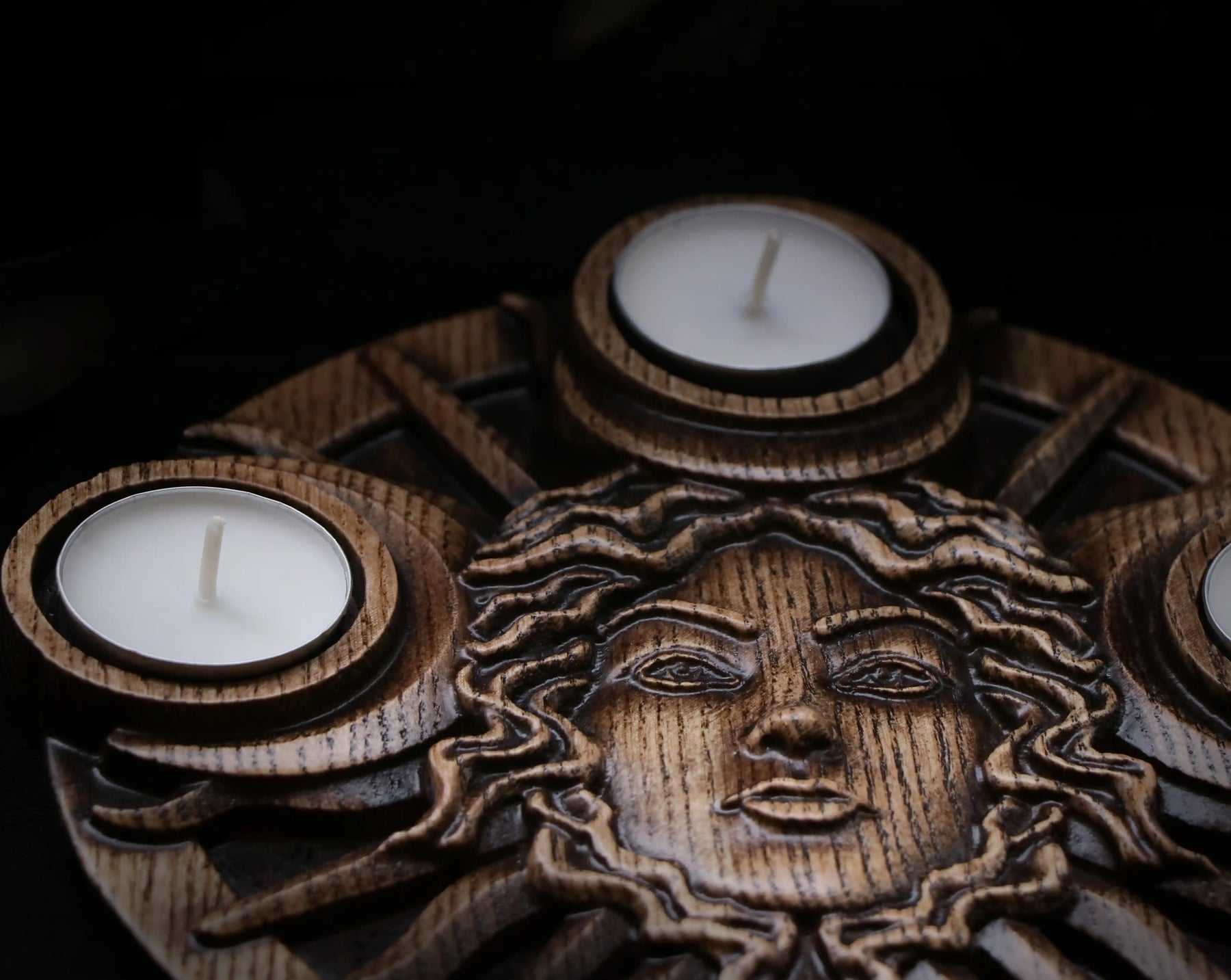 Hecate Goddess wooden candle holder with a tablet candles