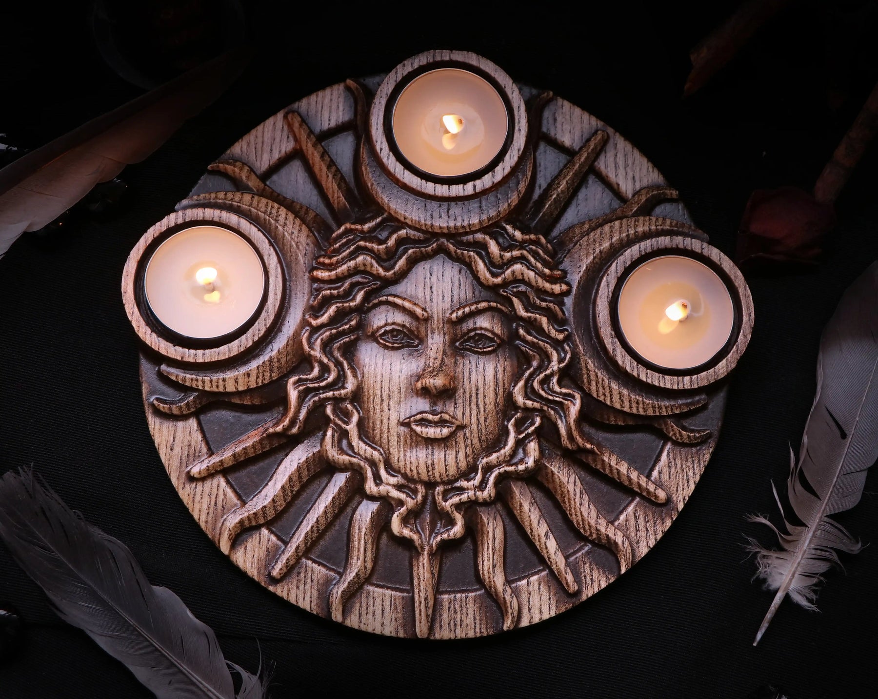 Hecate Wood carved Candle holder inspired by Hecate Goddess