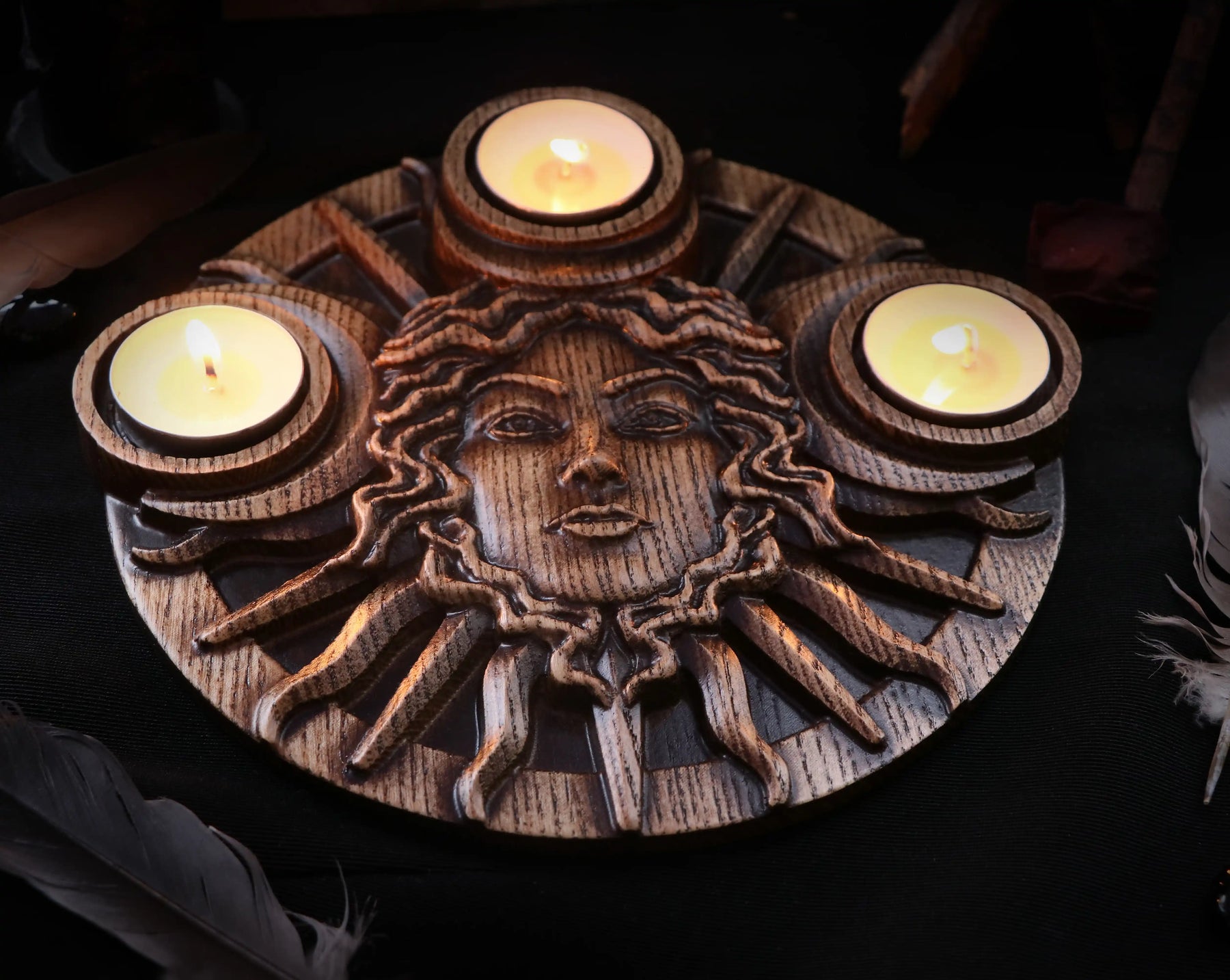 Hecate Goddess wooden candle holder with tablet candles
