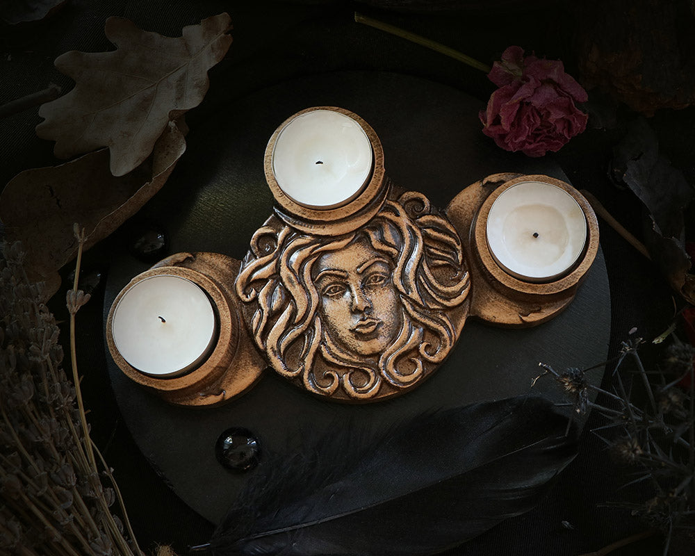 Wooden Candle Holder Inspired by the Hecate Goddess