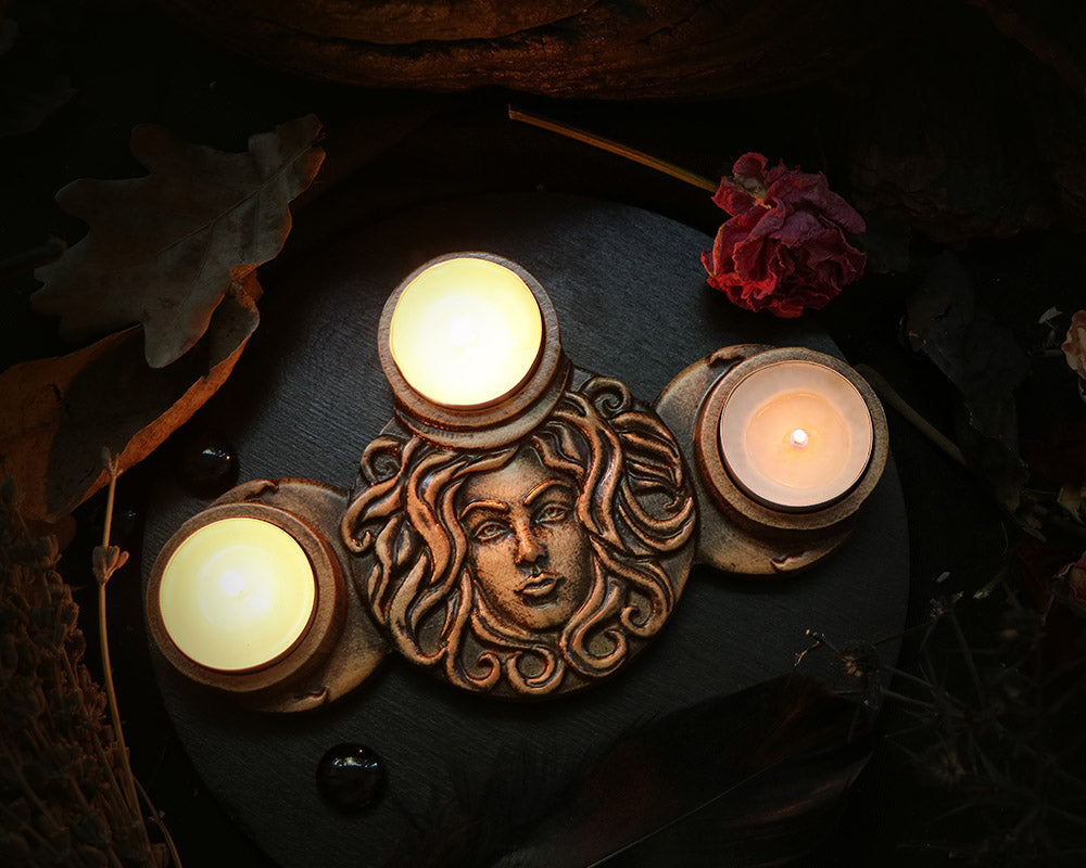 Wooden Candle Holder Inspired by the Hecate Goddess