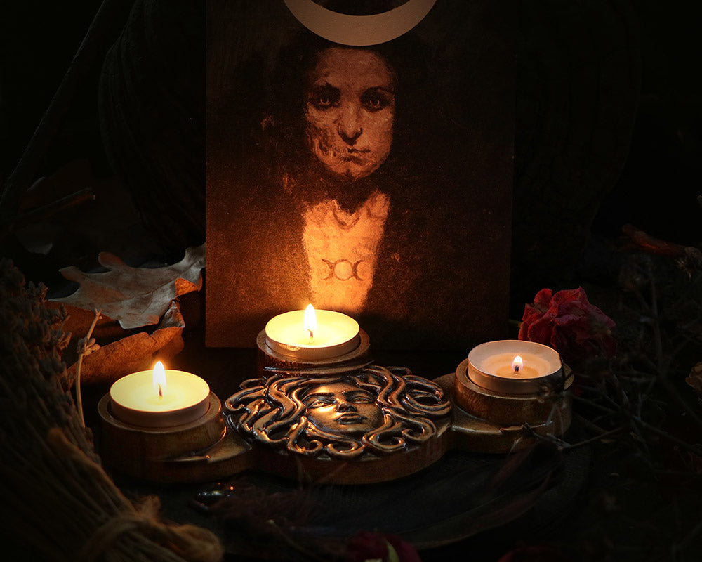Wooden Candle Holder Inspired by the Hecate Goddess