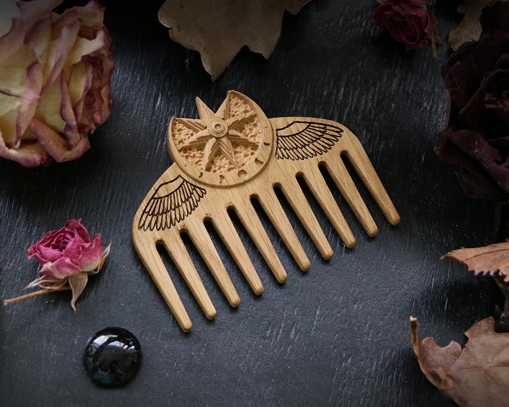 WOODEN Ishtar / Inanna COMB made of solid OAK wood, Natural Wood Comb