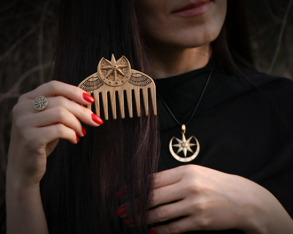WOODEN Ishtar / Inanna COMB made of solid OAK wood, Natural Wood Comb