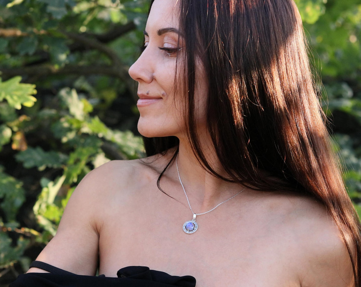 Natural moonstone pendant with moon phases and sterling silver chain