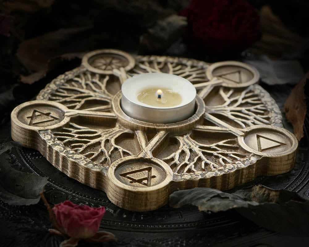 WOODEN Candle holder Pentagram with five elements made of Ash-Tree or Oak Wood