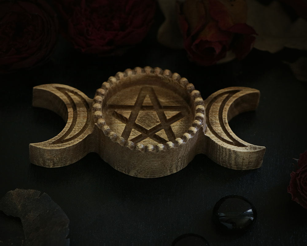 Triple Moon WOODEN Candle holder with Pentagram