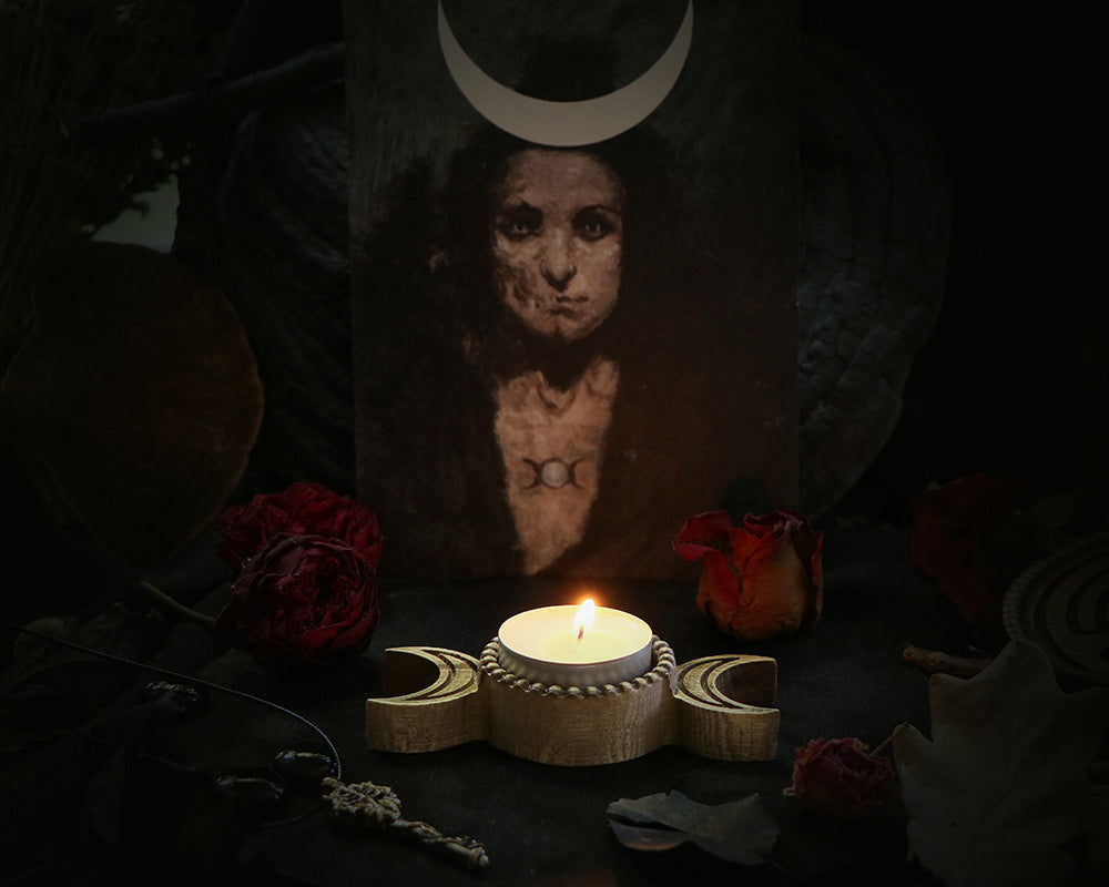 Triple Moon WOODEN Candle holder with Pentagram