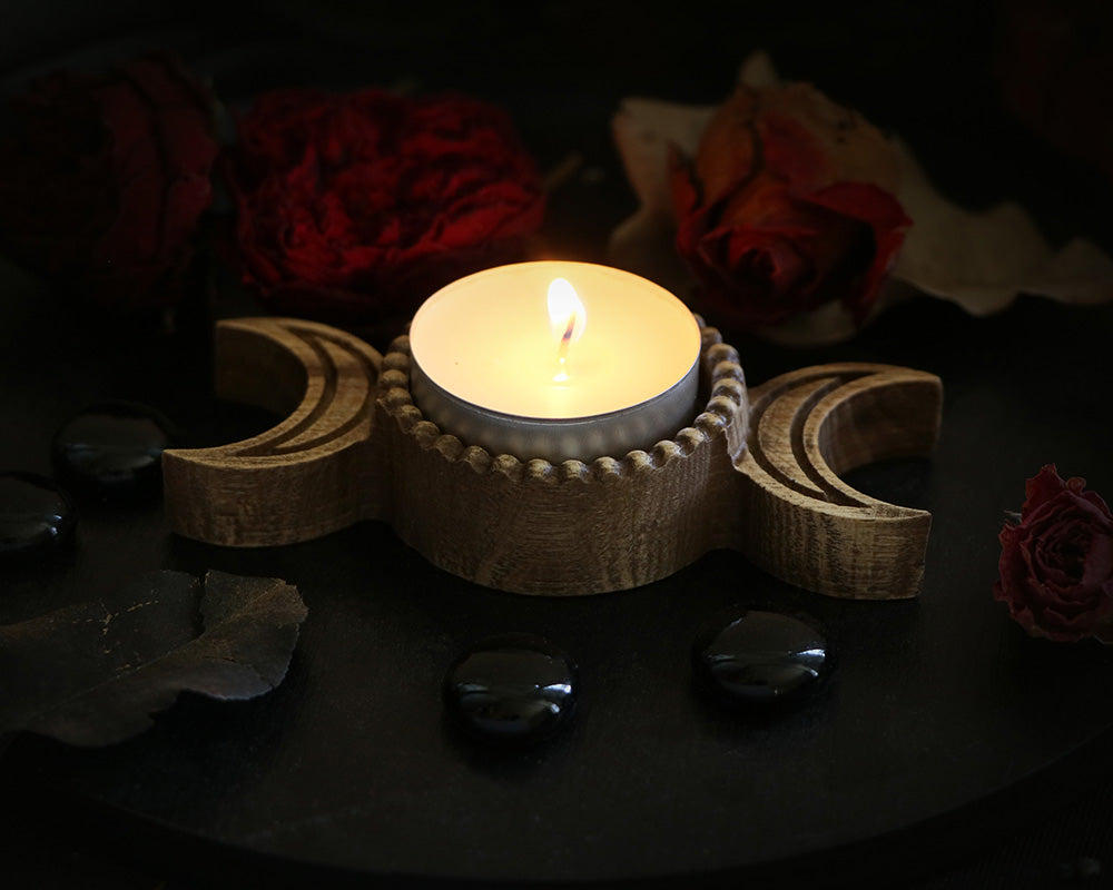 Triple Moon WOODEN Candle holder with Pentagram