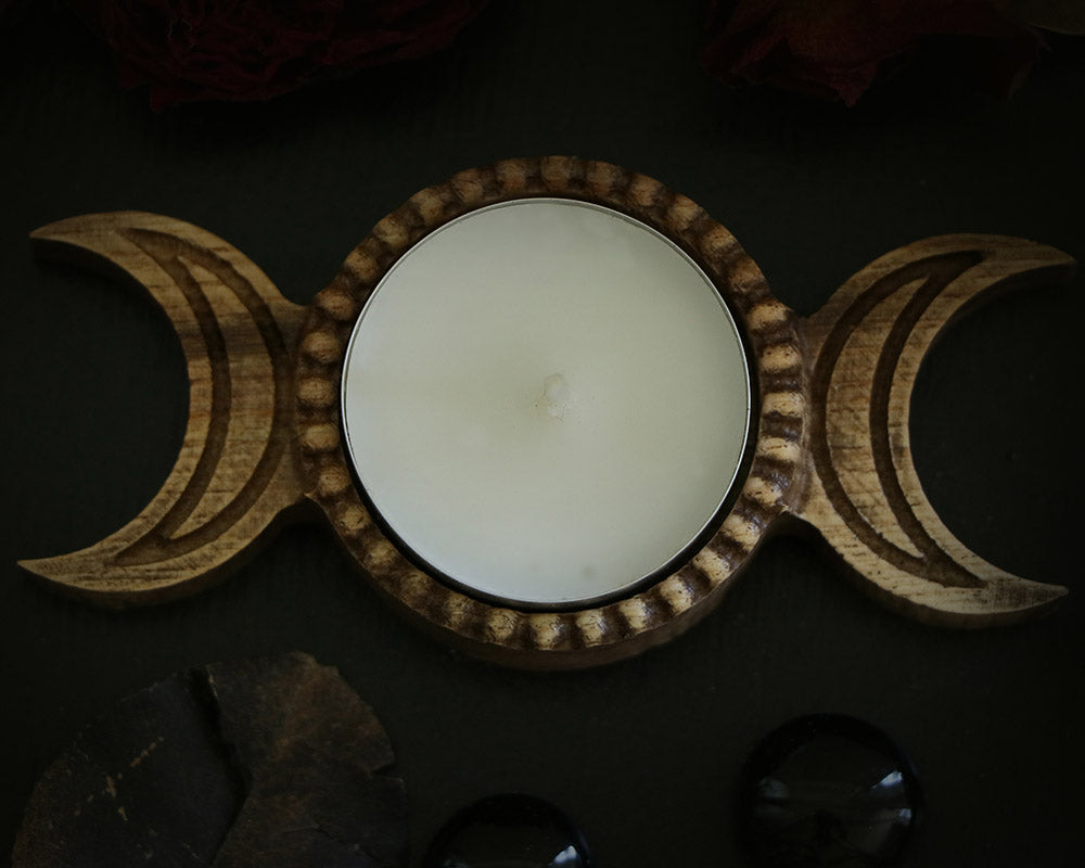 Triple Moon WOODEN Candle holder with Pentagram