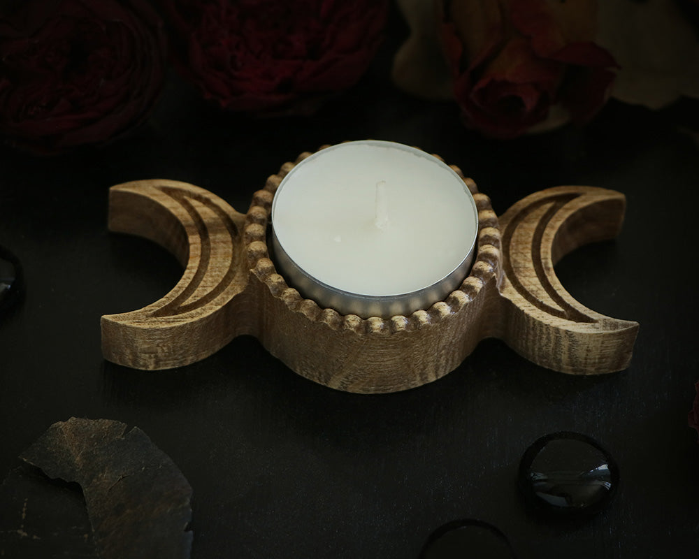 Triple Moon WOODEN Candle holder with Pentagram