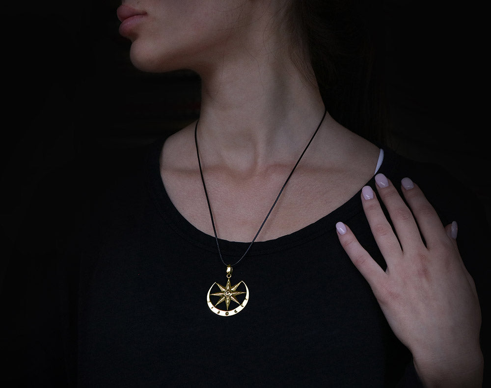 Star of Ishtar necklace worn on a model