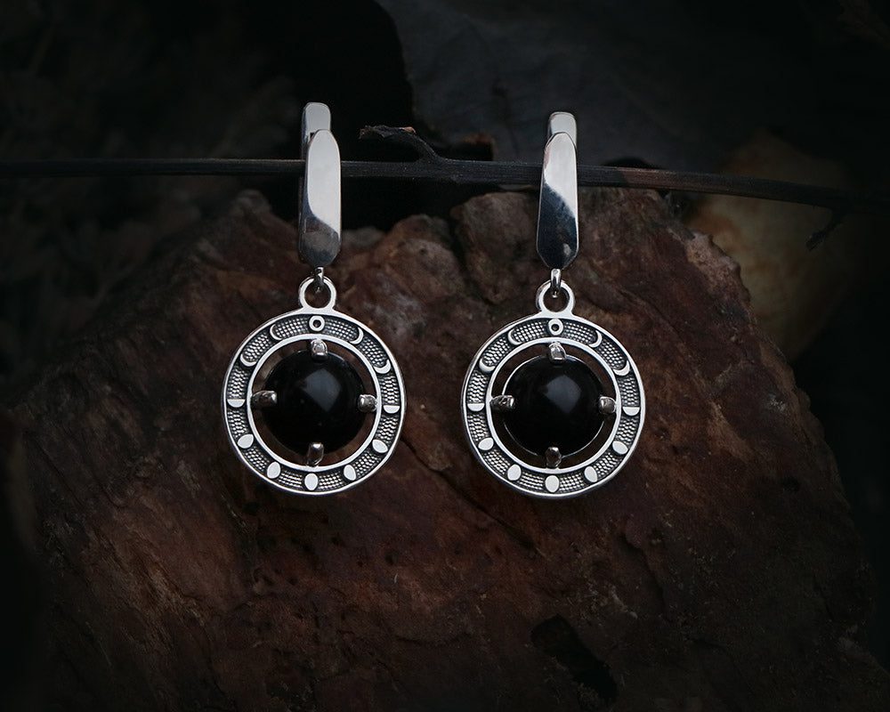 Moon phases Earrings with black Obsidian