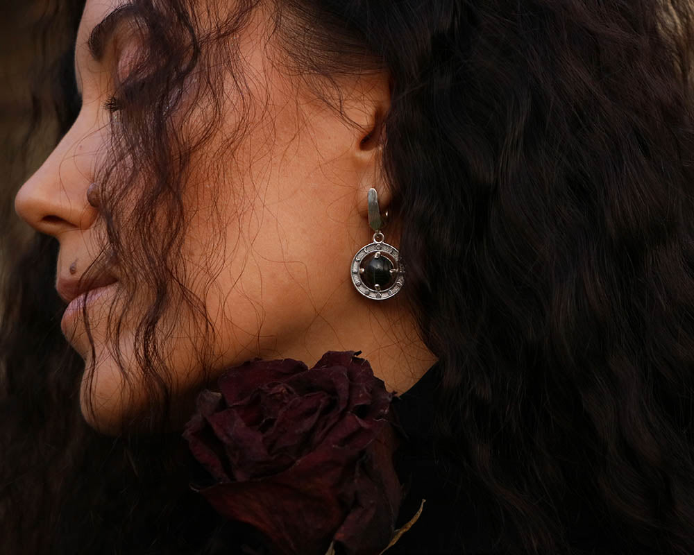 Moon phases Earrings with black Obsidian