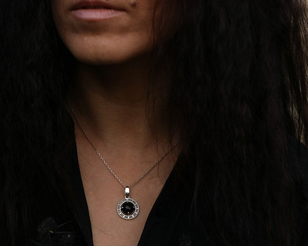 silver necklace with obsidian