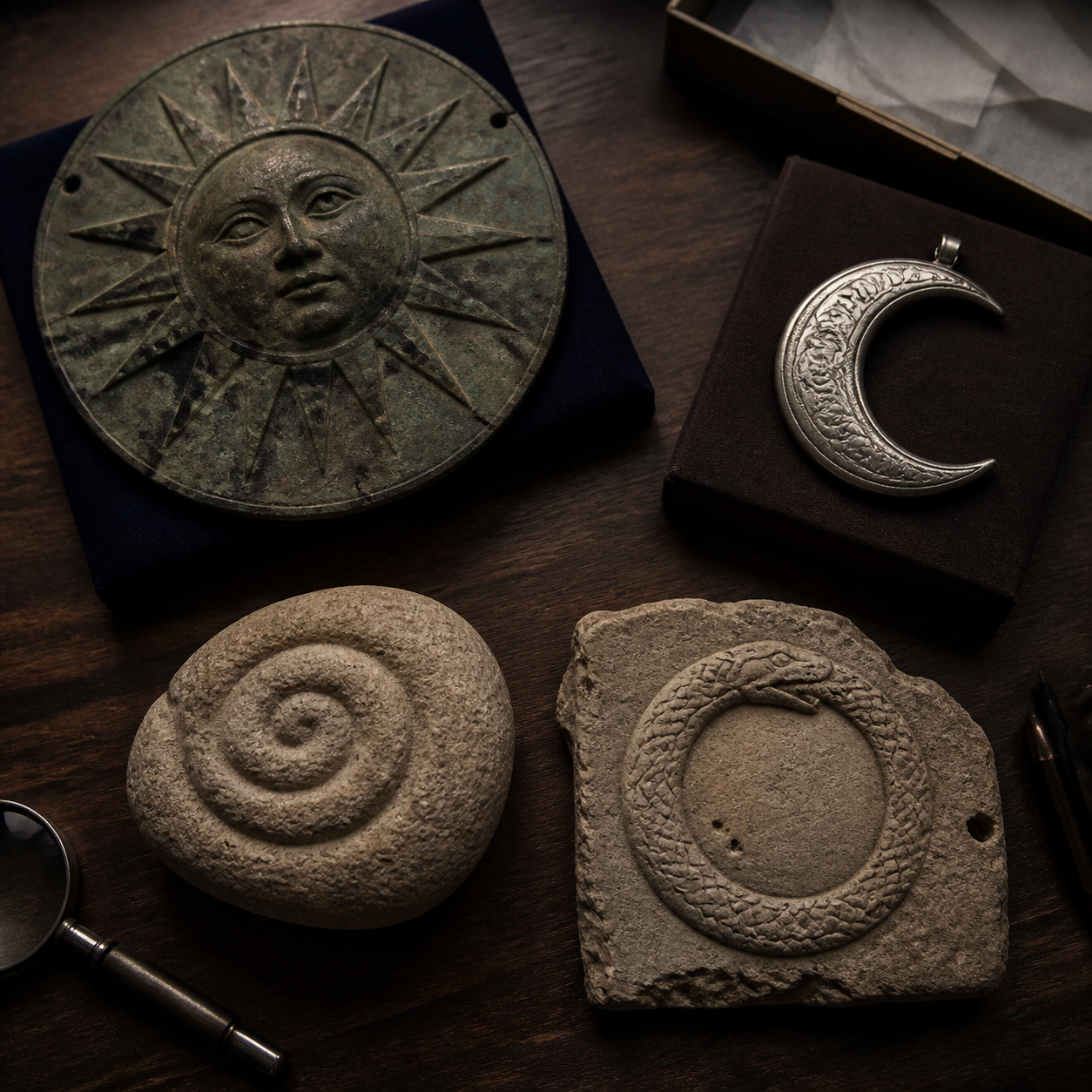 Sun moon spiral and ouroboros symbols compared