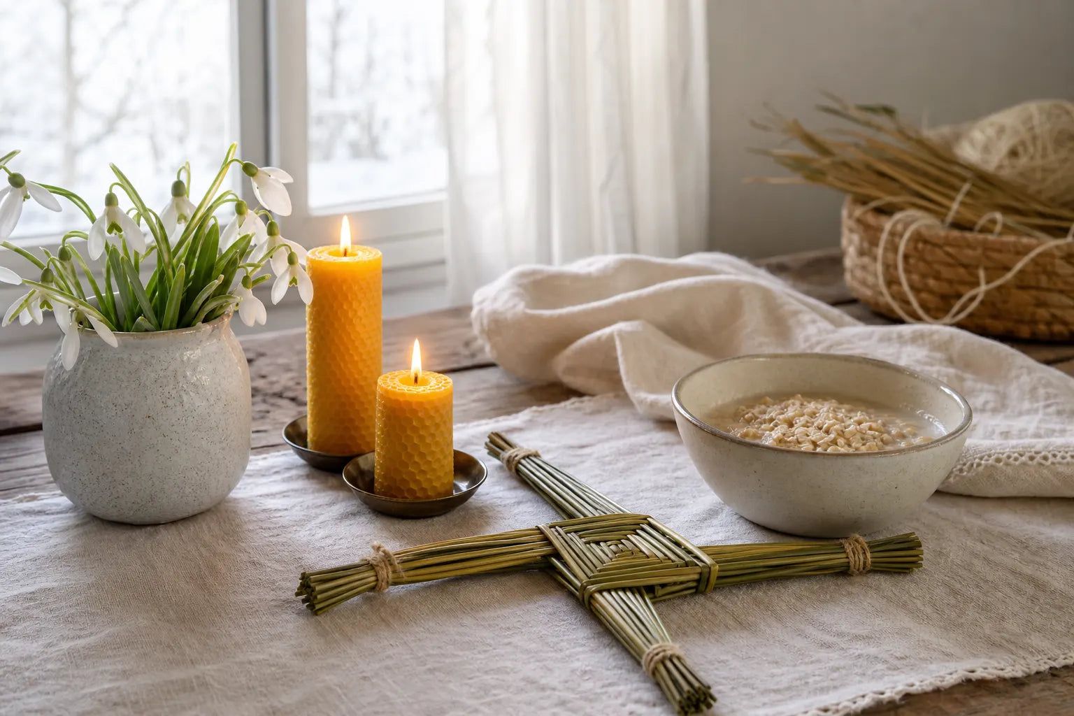 Imbolc altar with beeswax candles, Brigid’s cross, oats, white linen and snowdrops