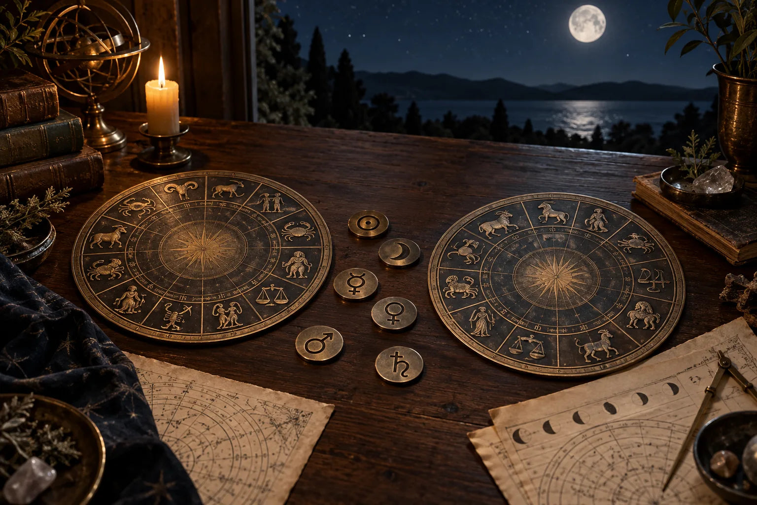 Paired zodiac charts and planetary tokens on an antique study table