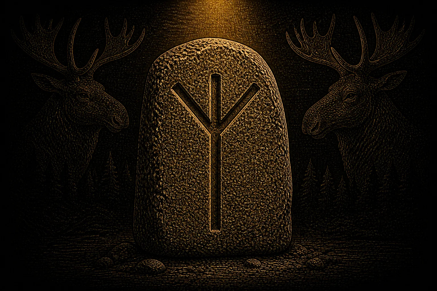 Algiz rune carved into a standing stone, symbolizing alertness, boundaries, and responsible protection
