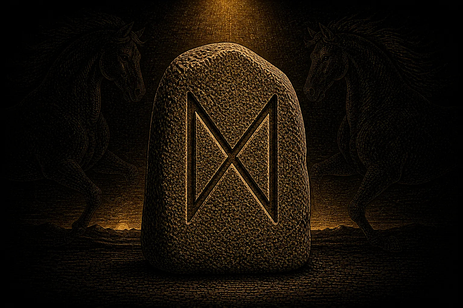 Dagaz rune carved into a standing stone, symbolizing clarity, transition, and decisive change