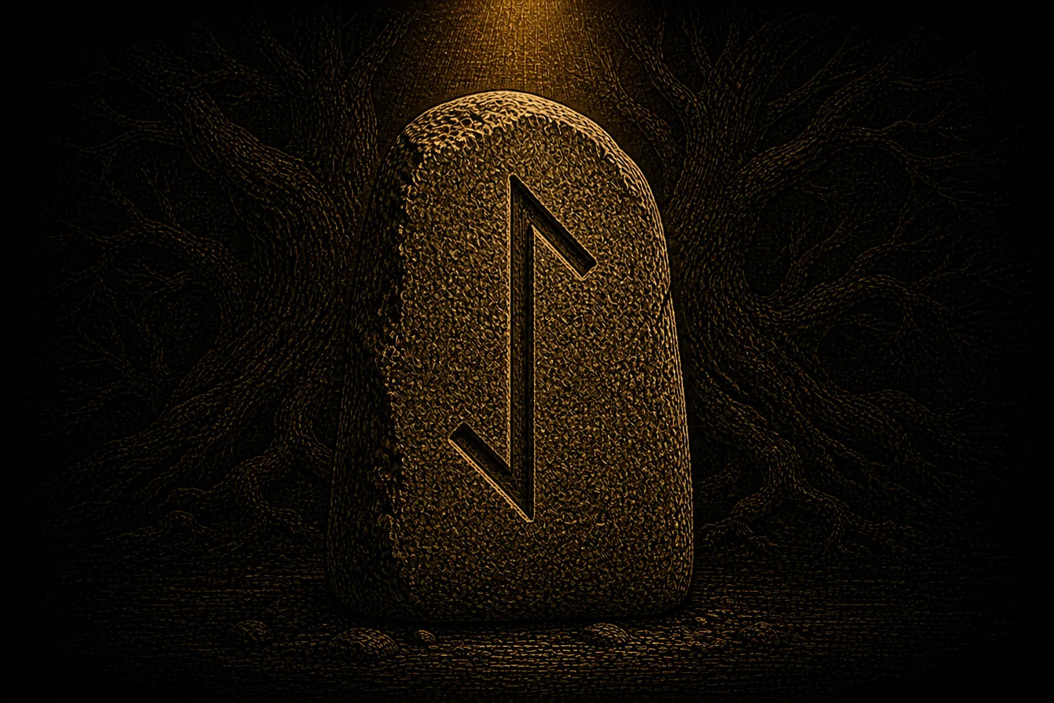 Eihwaz rune carved into a standing stone, symbolizing continuity, resilience, and change