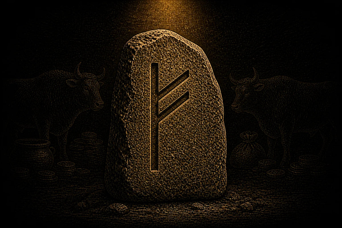 Fehu rune carved into a standing stone, symbolizing resources, stewardship, and circulation