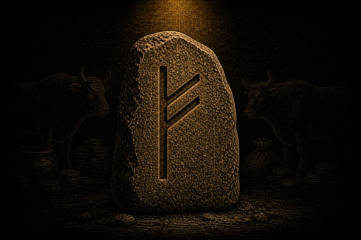 Fehu rune carved into a standing stone, symbolizing resources, stewardship, and circulation