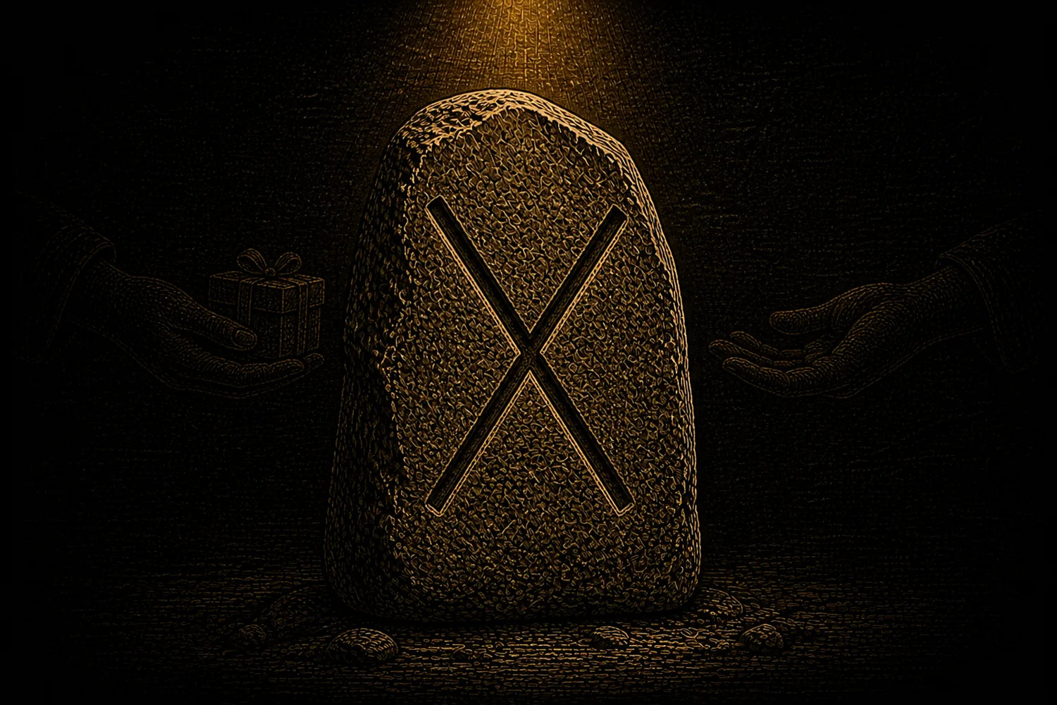 Gebo rune carved into a standing stone, symbolizing exchange, generosity, and reciprocal obligation
