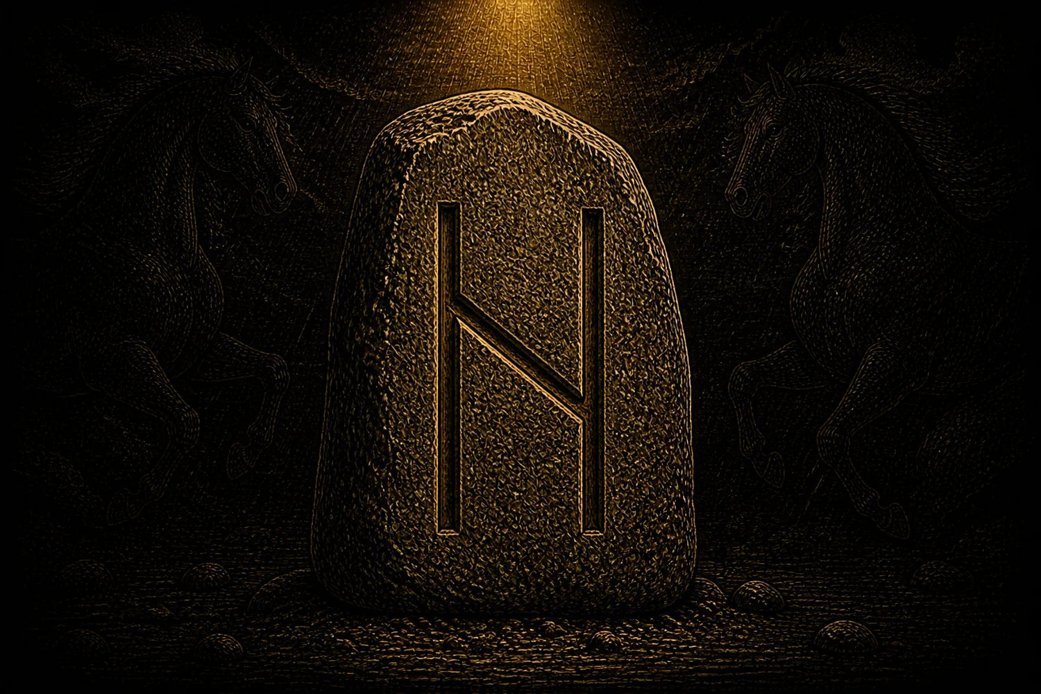 Hagalaz rune carved into a standing stone, symbolizing disruption, endurance, and uncontrollable change