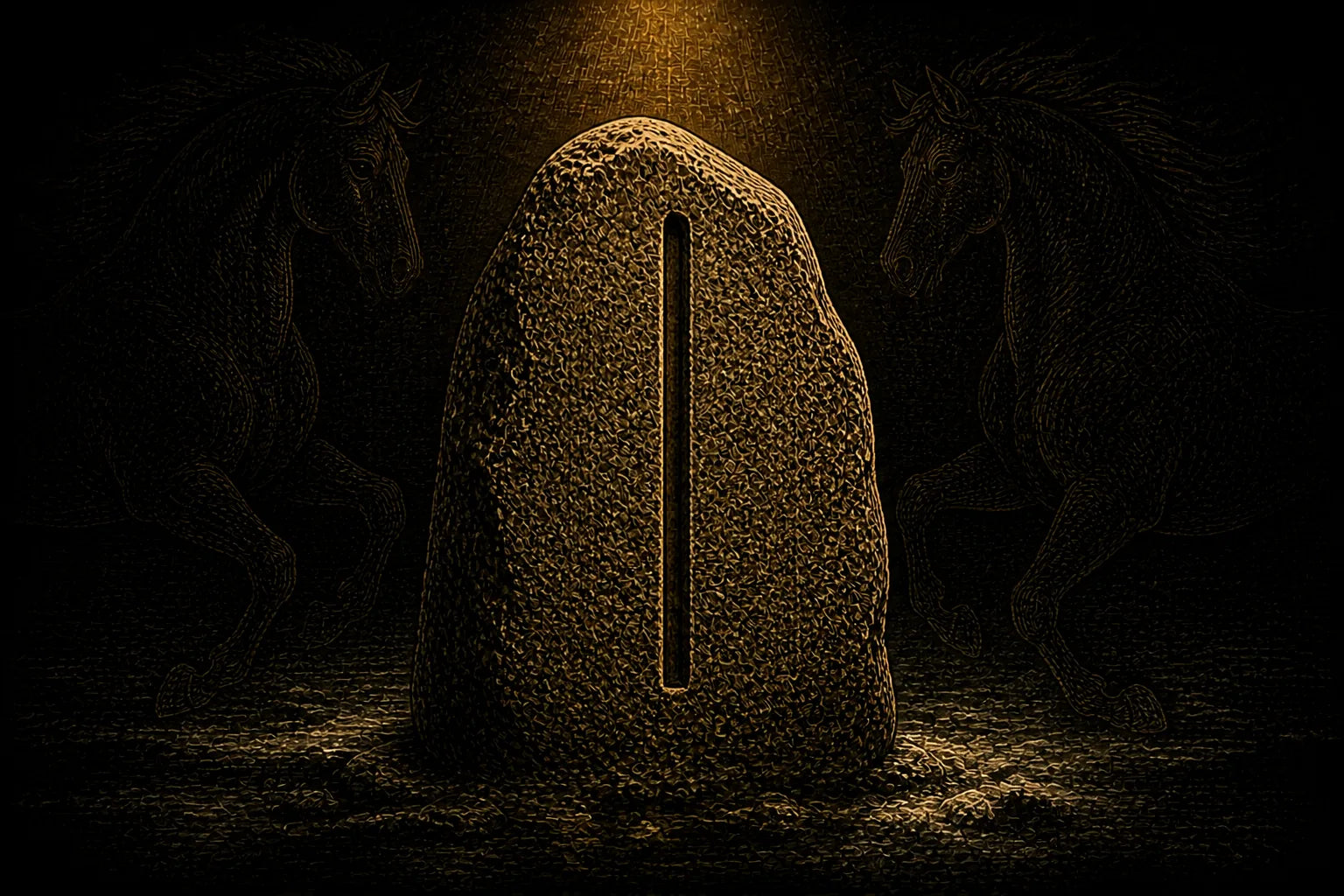 Isa rune carved into a standing stone, symbolizing stillness, concentration, and temporary suspension