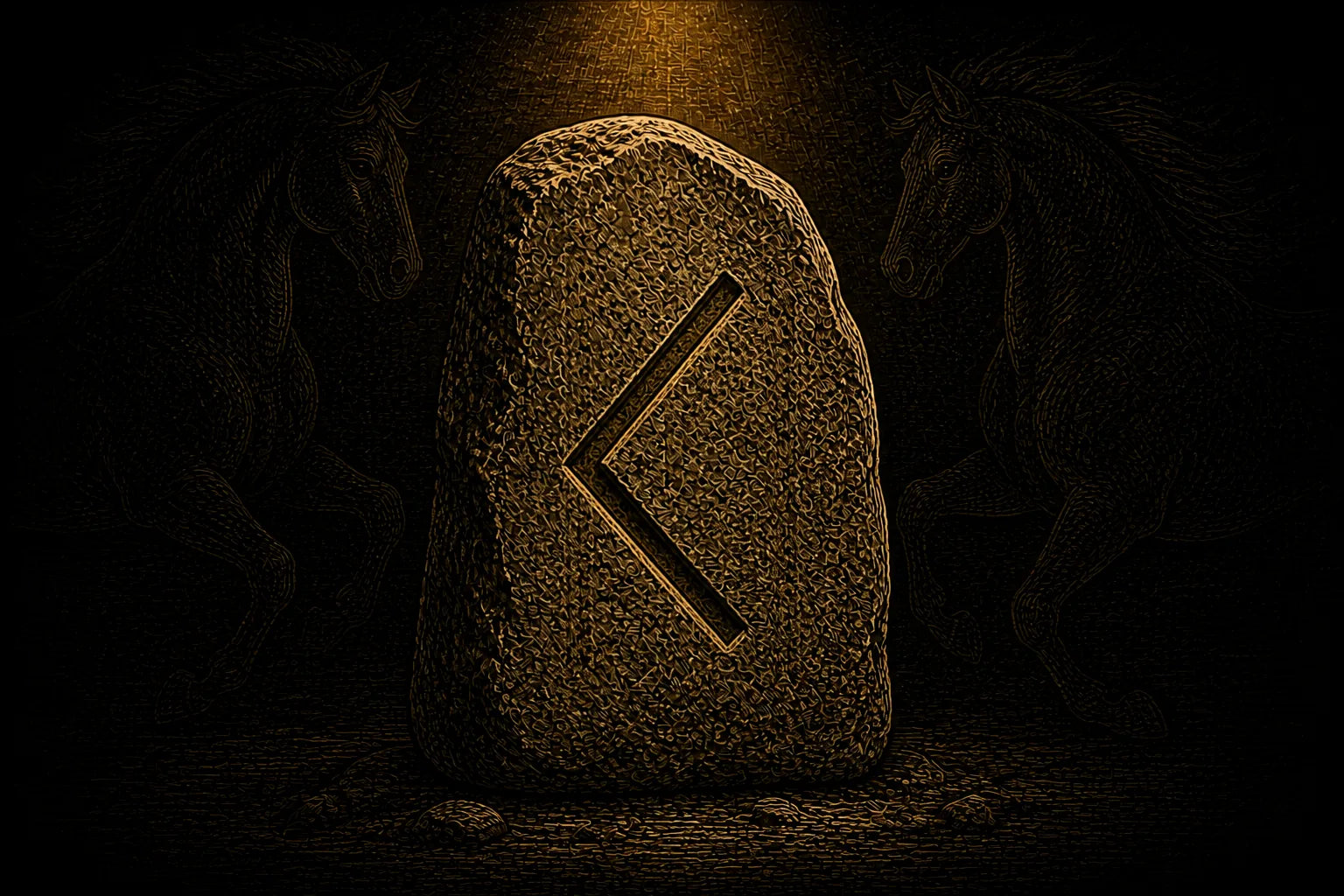 Kenaz rune carved into a standing stone, symbolizing skill, illumination, and usable knowledge