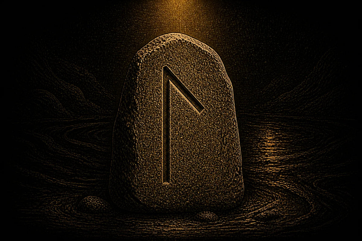 Laguz rune carved into a standing stone, symbolizing flow, adaptation, and depth