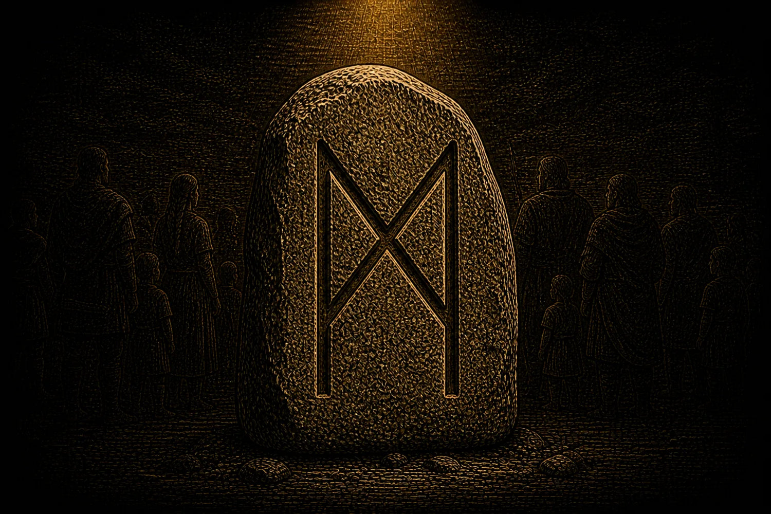 Mannaz rune carved into a standing stone, symbolizing self-knowledge, community, and responsibility
