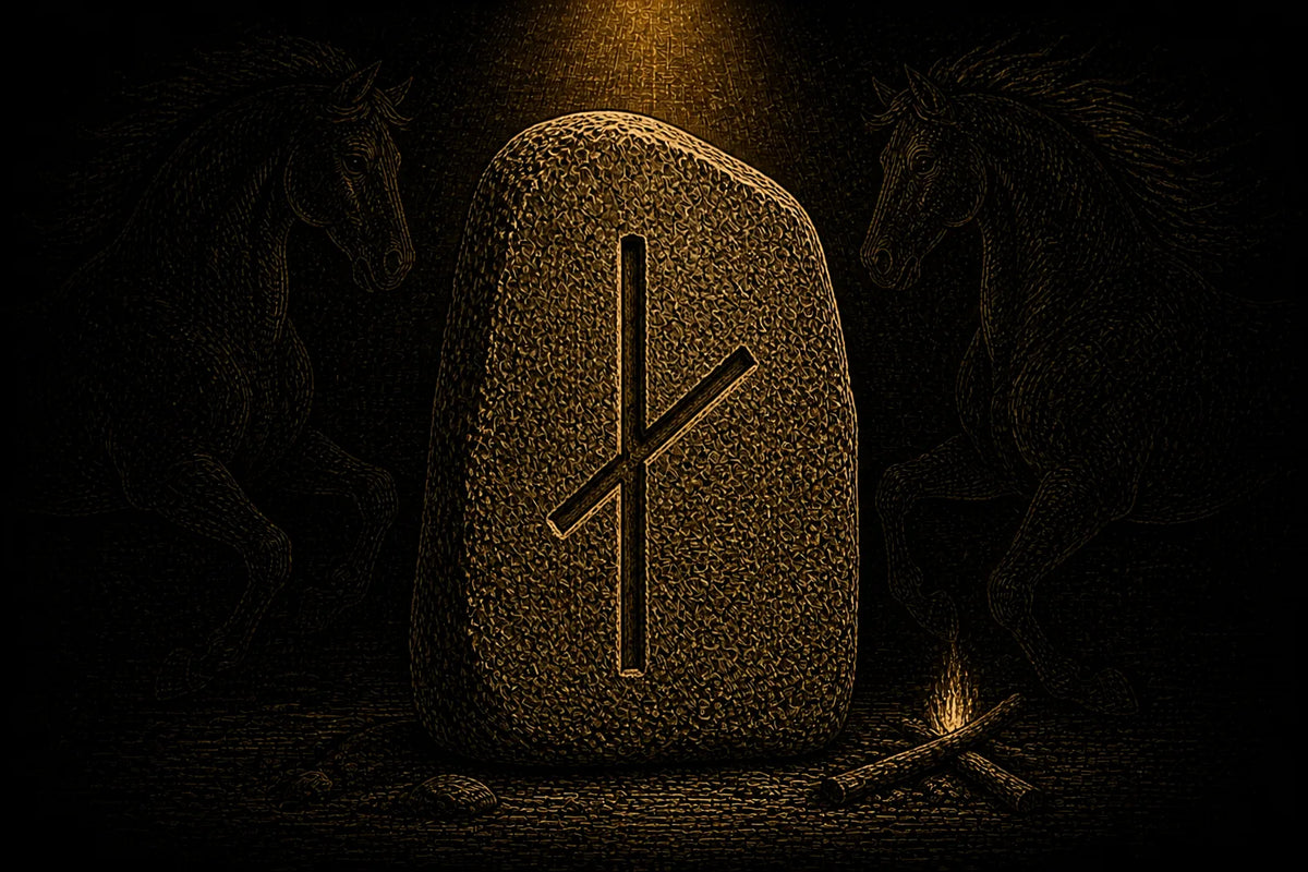 Nauthiz rune carved into a standing stone, symbolizing necessity, endurance, and essential priorities