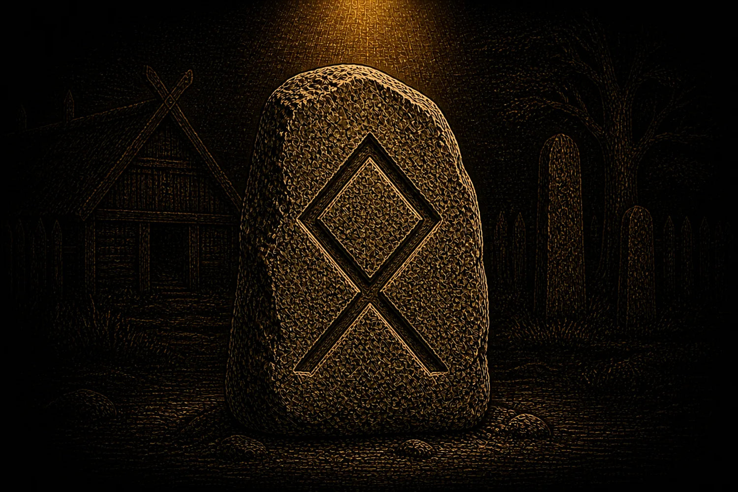 Othala rune carved into a standing stone, symbolizing home, inheritance, and responsibility